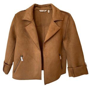 Faux Microsuede Cropped Moto Jacket in Camel